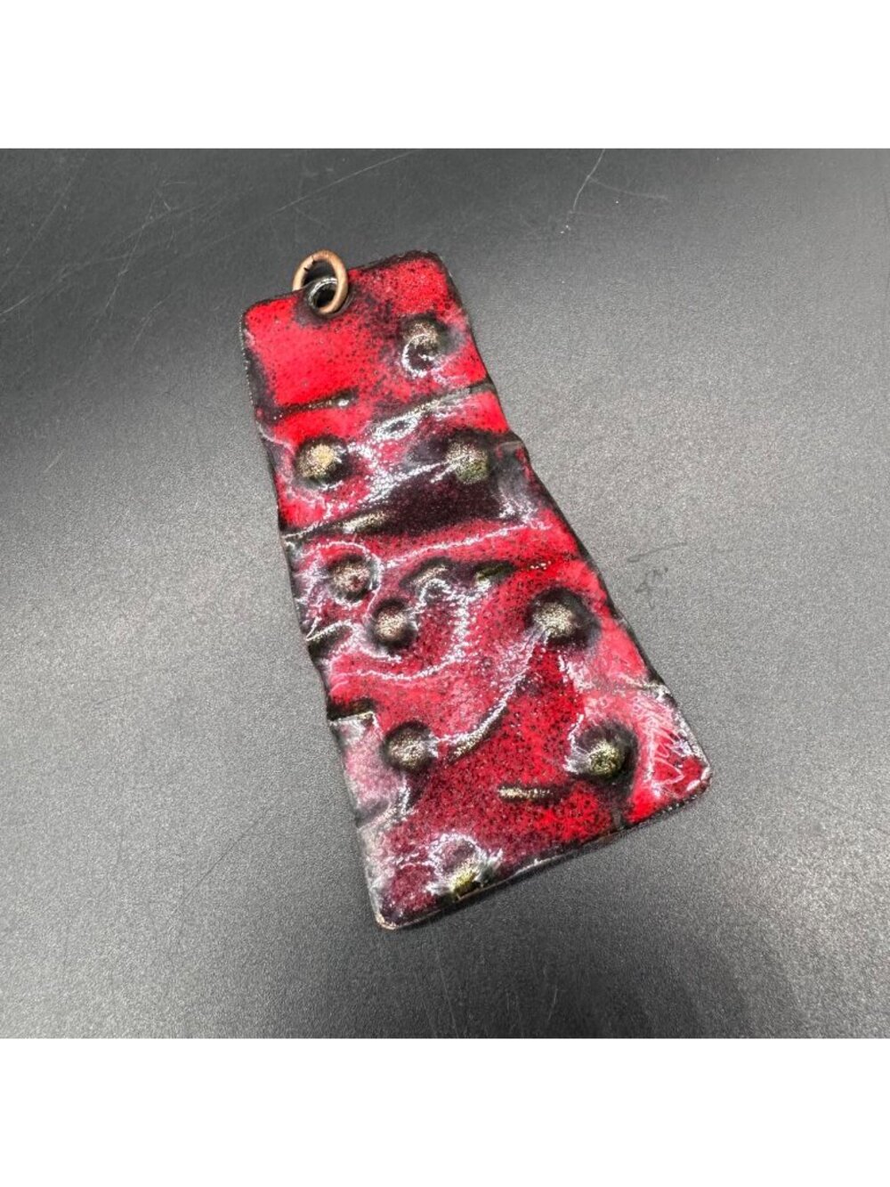 Vintage Enamel On Copper Pendant Artist Signed Brutalist Red Black Abstract